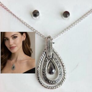 Silver Teardrop Pendant and Earring Set Black Onyx and Crystal Marcasite